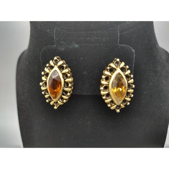 Vintage Amber Glass Marquise Stone Brass Tone Post Earrings - Picture 1 of 16